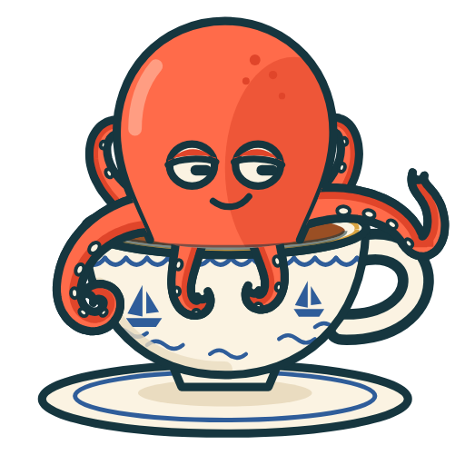 Teacup Kraken mark, a coral kraken sitting in a teacup