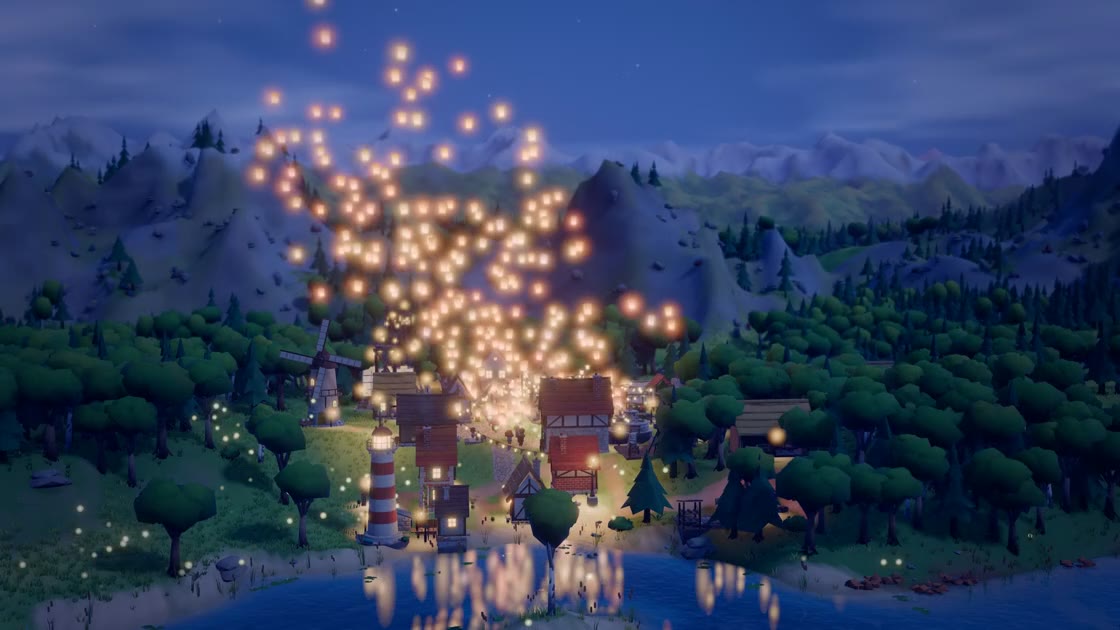 Paper lanterns rising over the town of Lanternbrook at dusk, reflected in the river.